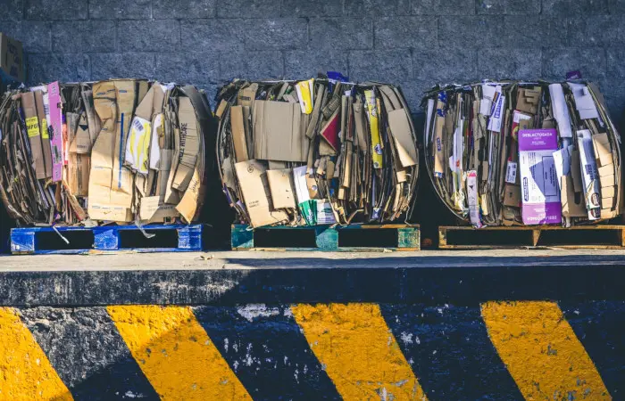 Tres montones de cartón reciclables.